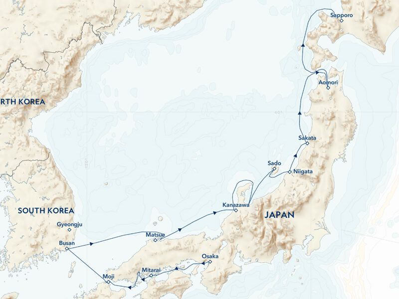 Route map of Japan's western shores cruise from Osaka on Honshu to Sapporo on Hokkaido, via Busan, South Korea.