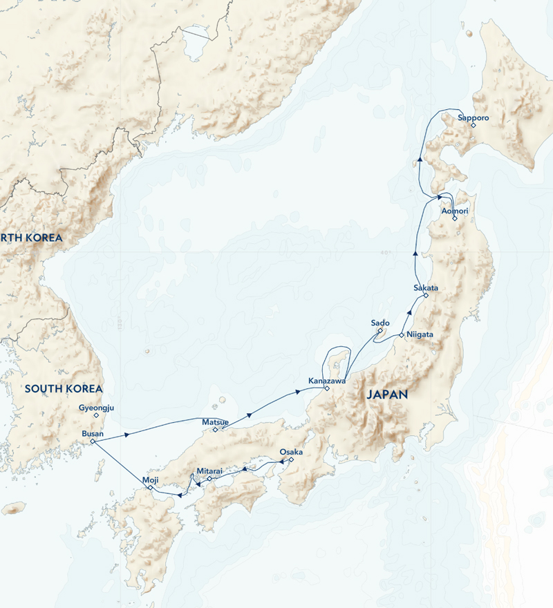 Route map of Japan's western shores cruise from Osaka on Honshu to Sapporo on Hokkaido, via Busan, South Korea.
