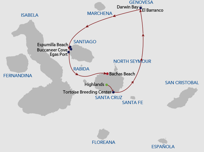 Galapagos cruise route map showing visits Santa Cruz, Genovesa, Santiago and Baltra islands.