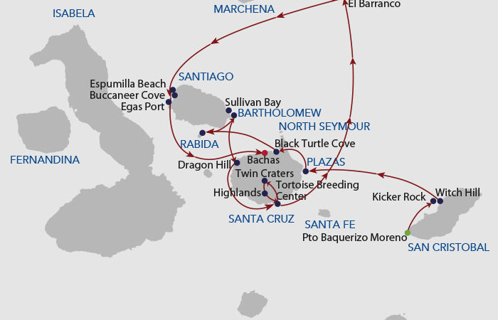 Galapagos cruise route map showing visits to San Cristobal, North Seymour, South Plaza, Santa Cruz, Bartolome, Santiago, Rabida and Genovesa islands.