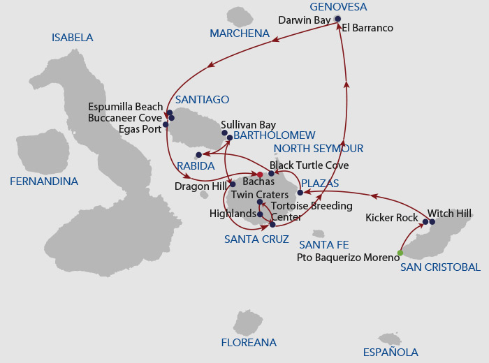 Galapagos cruise route map showing visits to San Cristobal, North Seymour, South Plaza, Santa Cruz, Bartolome, Santiago, Rabida and Genovesa islands.