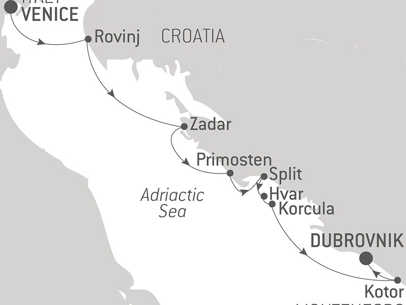 Route map of Natural Wonders & Cultural Jewels of Dalmatia cruise from Venice, Italy to Dubrovnik, Croatia, with visits to Rovinj, Zadar, Primosten, Split, Hvar, Korcula & Kotor.