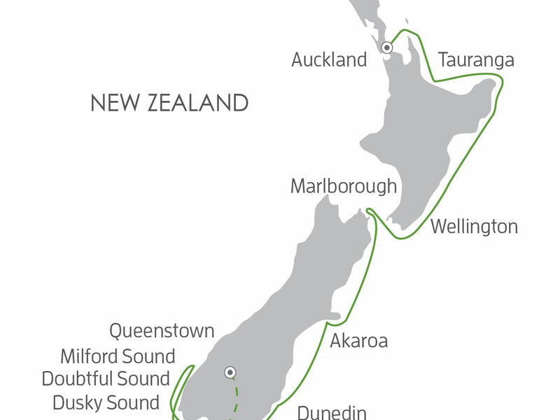 Route map of 12-day New Zealand Coastal Odyssey cruise from Auckland to Queenstown via Bluff, with visits along the west coasts, Marlborough Sounds & Fiordland NP.