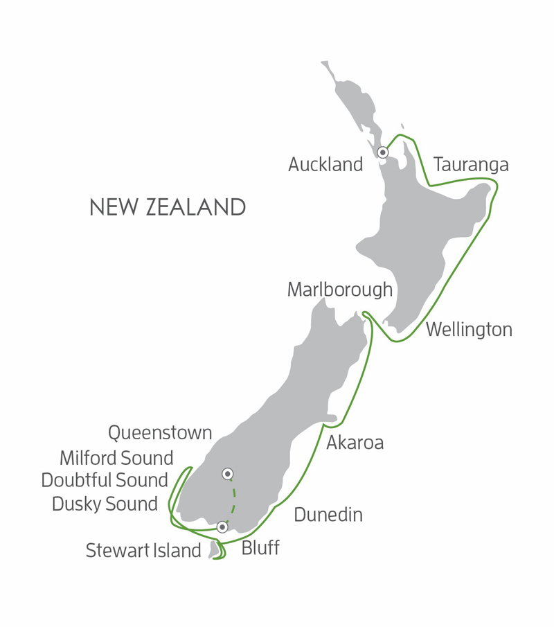 Route map of 12-day New Zealand Coastal Odyssey cruise from Auckland to Queenstown via Bluff, with visits along the west coasts, Marlborough Sounds & Fiordland NP.
