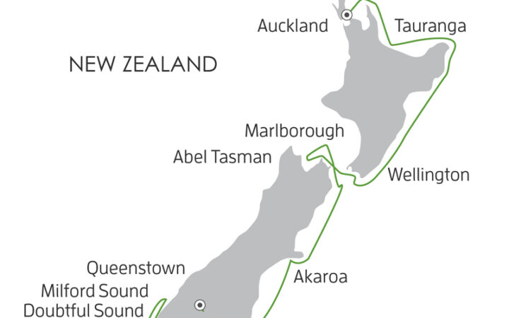 Route map of 13-day New Zealand Coastal Odyssey cruise from Auckland to Queenstown via Bluff, with visits along the west coasts, Marlborough Sounds & Fiordland NP.