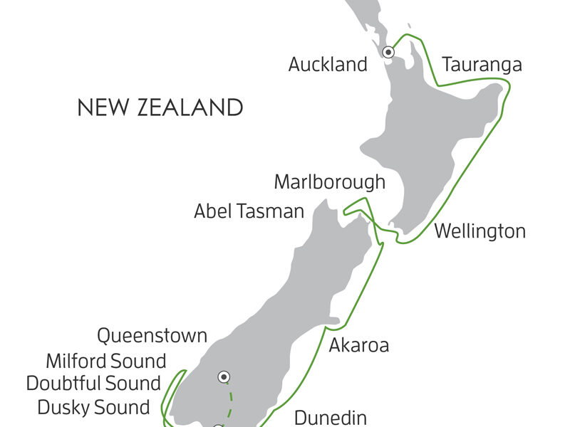 Route map of 13-day New Zealand Coastal Odyssey cruise from Auckland to Queenstown via Bluff, with visits along the west coasts, Marlborough Sounds & Fiordland NP.