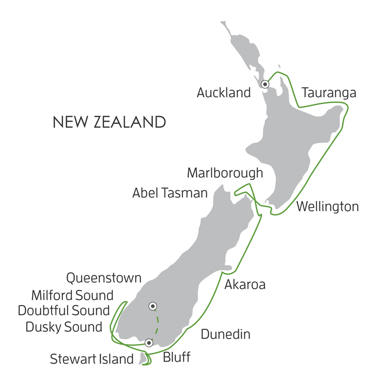 Route map of 13-day New Zealand Coastal Odyssey cruise from Auckland to Queenstown via Bluff, with visits along the west coasts, Marlborough Sounds & Fiordland NP.
