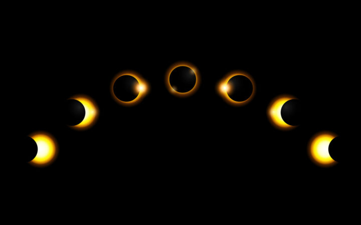 A black back ground with yellow orange renderings of the path of the moon during a total solar eclipse.