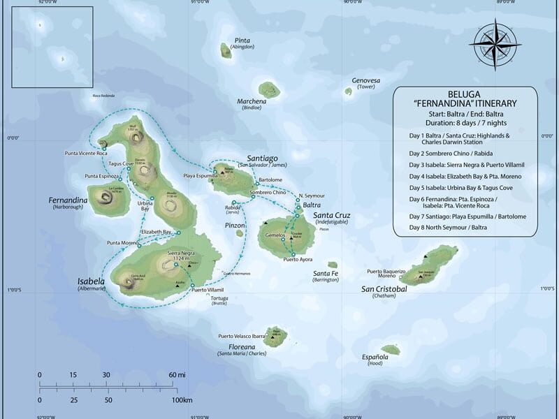 Route map of Beluga Galapagos small ship cruise 8-day Fernandina itinerary visiting the islands of Baltra, Santa Cruz, Chinese Hat, Rabida, Isabela, Fernandina, Santiago, Bartolome and North Seymour.