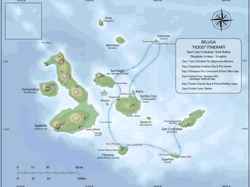 Route map of Beluga Galapagos small ship cruise 6-day Hood itinerary visiting the islands of San Cristobal, Espanola (also known as Hood), Floreana, Santa Cruz, Genovesa and Baltra.