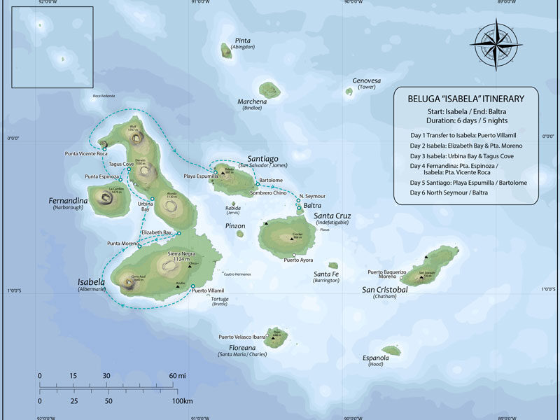Route map of Beluga Galapagos small ship cruise 6-day Isabela itinerary visiting the islands of Baltra, Isabela, Fernandina, Santiago, Bartolome and North Seymour.