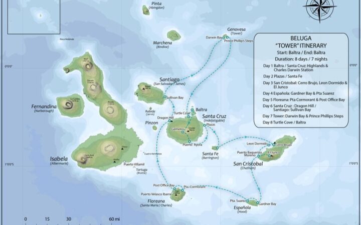 Route map of Beluga Galapagos small ship cruise 8-day Tower itinerary, visiting Baltra, Santa Cruz, South Plaza, Santa Fe, San Cristobal, Espanola, Floreana, Santiago and Genovesa.