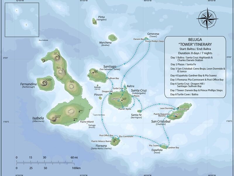 Route map of Beluga Galapagos small ship cruise 8-day Tower itinerary, visiting Baltra, Santa Cruz, South Plaza, Santa Fe, San Cristobal, Espanola, Floreana, Santiago and Genovesa.