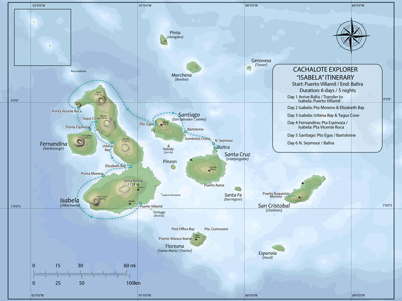 Route map of Cachalote Explorer Galapagos small ship cruise 6-day Isabela itinerary visiting the islands of Baltra, Isabela, Fernandina, Santiago, Bartolome and North Seymour.
