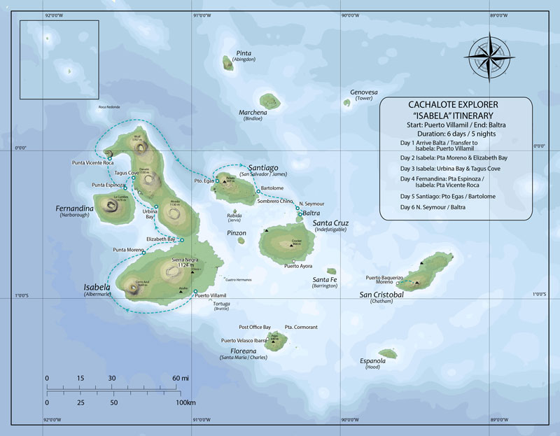 Route map of Cachalote Explorer Galapagos small ship cruise 6-day Isabela itinerary visiting the islands of Baltra, Isabela, Fernandina, Santiago, Bartolome and North Seymour.