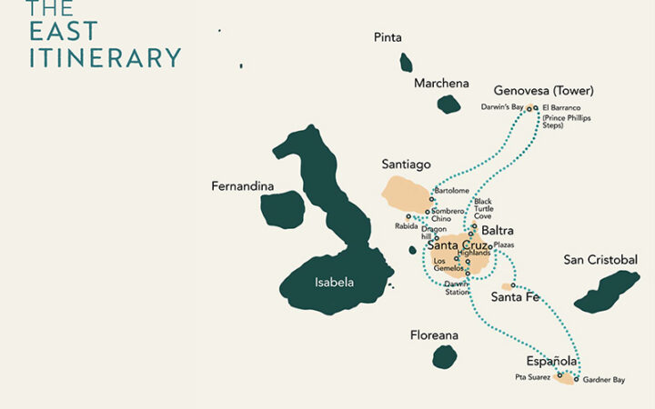 Galapagos cruise route map showing visits to Genovesa, Espanola, Santa Cruz and Santa Fe Islands.
