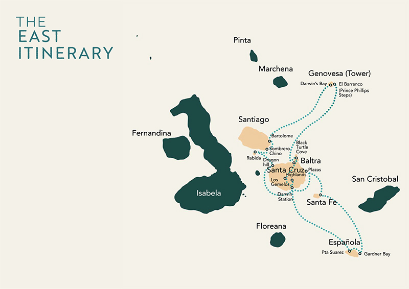 Galapagos cruise route map showing visits to Genovesa, Espanola, Santa Cruz and Santa Fe Islands.