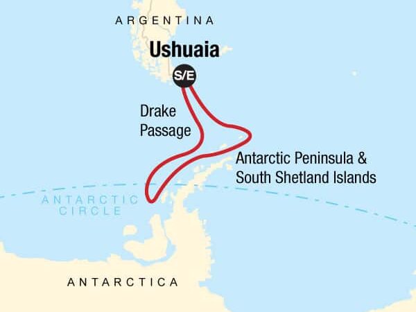 Quest for the Antarctic Circle cruise route map, operating round-trip from Ushuaia, Argentina..