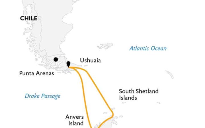 Route map of 11- & 12-day Antarctic Explorer small ship expedition, operating round-trip from Ushuaia, Argentina with visits to the South Shetland Islands and the Antarctic Peninsula.