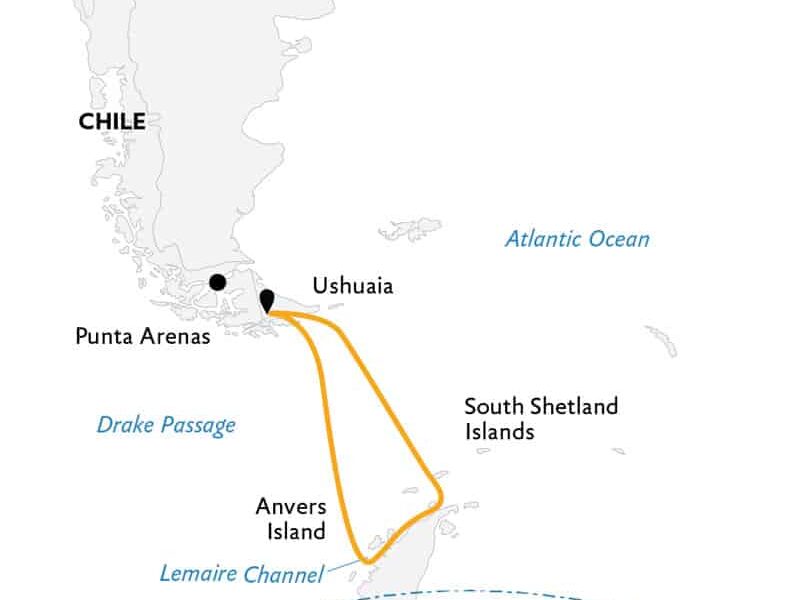 Route map of 11- & 12-day Antarctic Explorer small ship expedition, operating round-trip from Ushuaia, Argentina with visits to the South Shetland Islands and the Antarctic Peninsula.