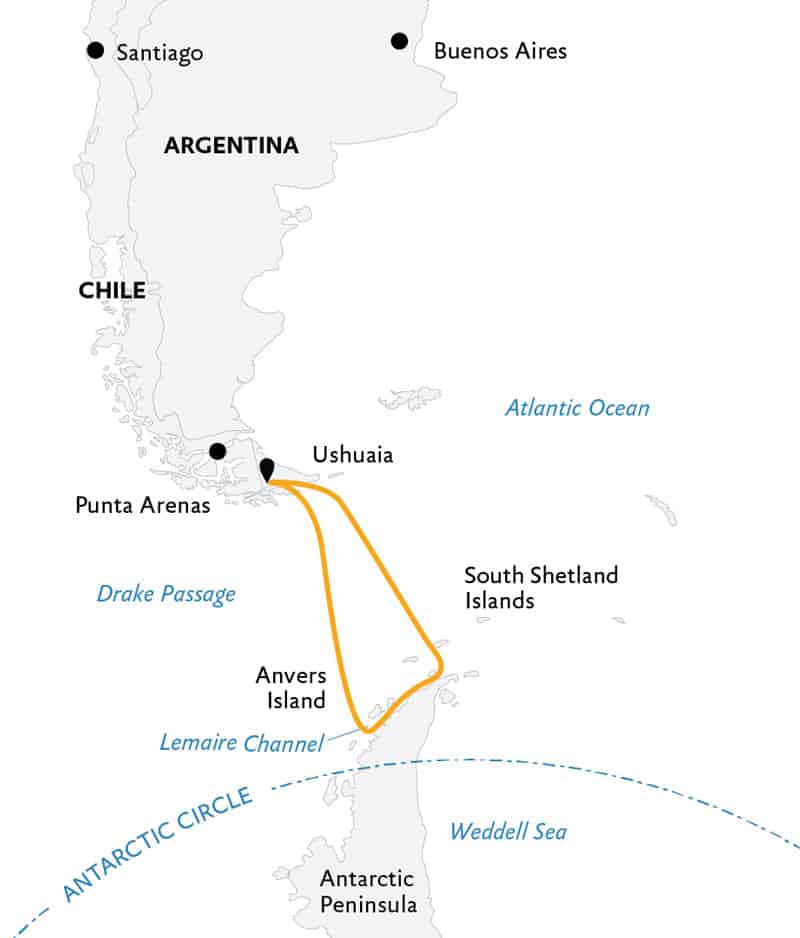 Route map of 11- & 12-day Antarctic Explorer small ship expedition, operating round-trip from Ushuaia, Argentina with visits to the South Shetland Islands and the Antarctic Peninsula.