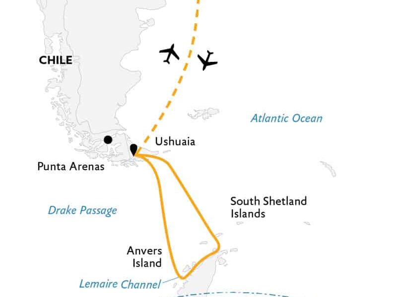 Route map of 11-day Antarctic Explorer small ship expedition, operating round-trip from Buenos Aires, Argentina, with visits to the South Shetland Islands and the Antarctic Peninsula.
