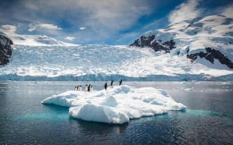 a group of penguins standing on a floating iceberg in the antarctic ocean on a mostly sunny day with mountains behind them