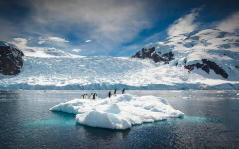 a group of penguins standing on a floating iceberg in the antarctic ocean on a mostly sunny day with mountains behind them
