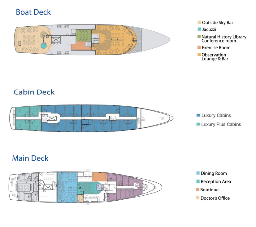 Deck plan for La Pinta small ship cruise. 3 passenger decks to accomodate 48 guests withing 20 Luxury Cabins and 4 Luxury Plus Cabins