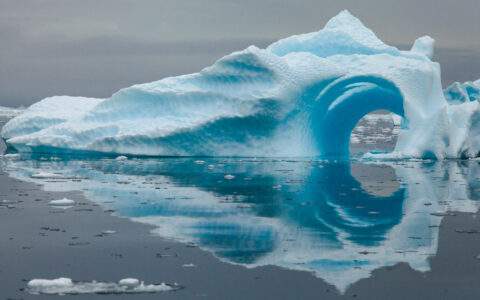 Large blue iceberg with a tunnel rises out of glassy water on a cloudy day on the Quest For The Antarctic Circle cruise.