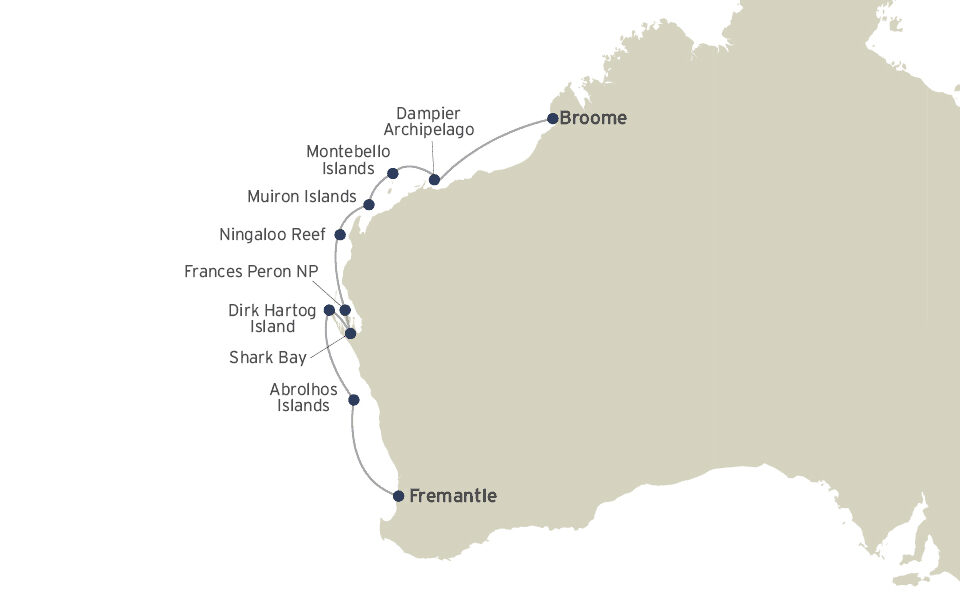 Route map of Abrolhos Islands & The Coral Coast western Australia cruises, operating between Fremantle and Broome, with visits to Dampier Archipelago, Montebello Islands, Muiron Islands, Ningaloo Reef, Frances Peron National Park, Dark Hartog Island, Shark Bay & Abrolhos Islands.