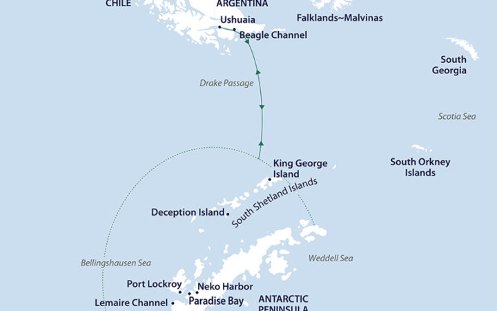 Route map of Across the Antarctic Circle cruise, round-trip from Ushuaia, Argentina with visits along western Antarctica.