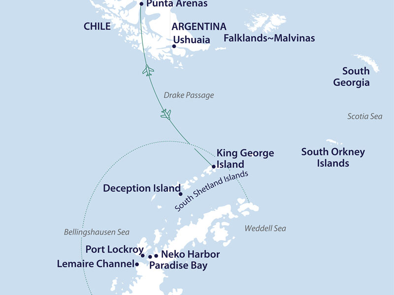 Route map of Across the Antarctic Circle cruise, round-trip from Punta Arenas, Chile with visits along western Antarctica.