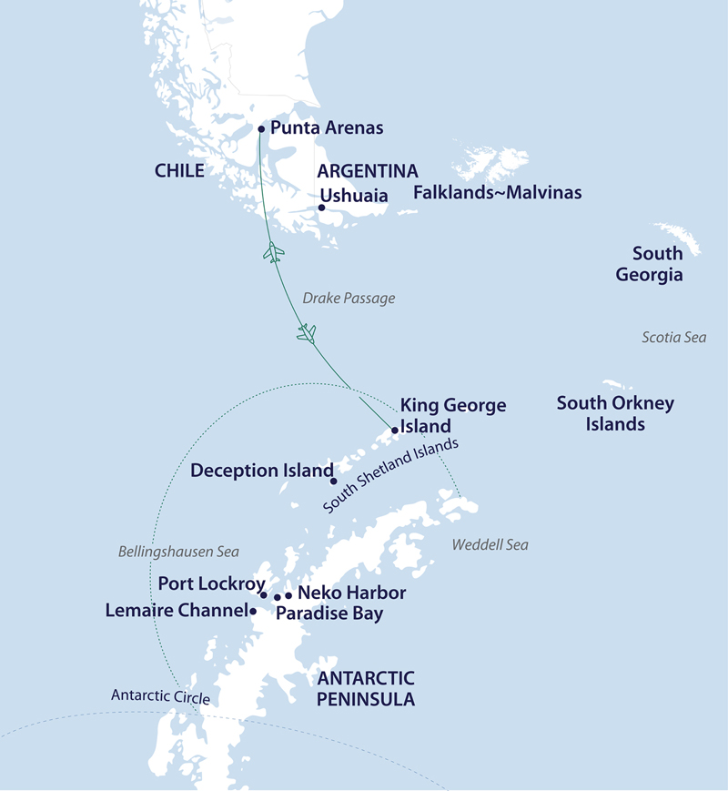 Route map of Across the Antarctic Circle cruise, round-trip from Punta Arenas, Chile with visits along western Antarctica.