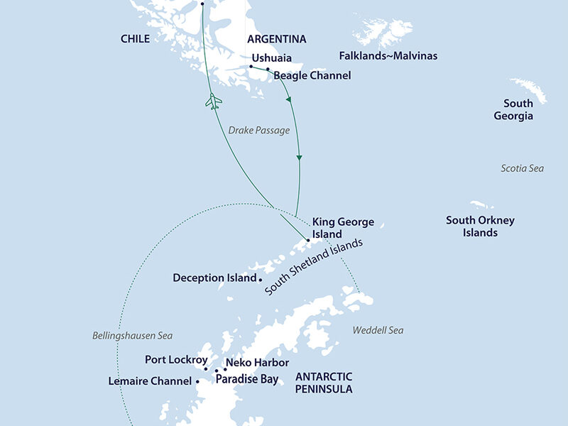 Route map of Across the Antarctic Circle cruise, from Ushuaia, Argentina to Punta Arenas, Chile with visits along western Antarctica.