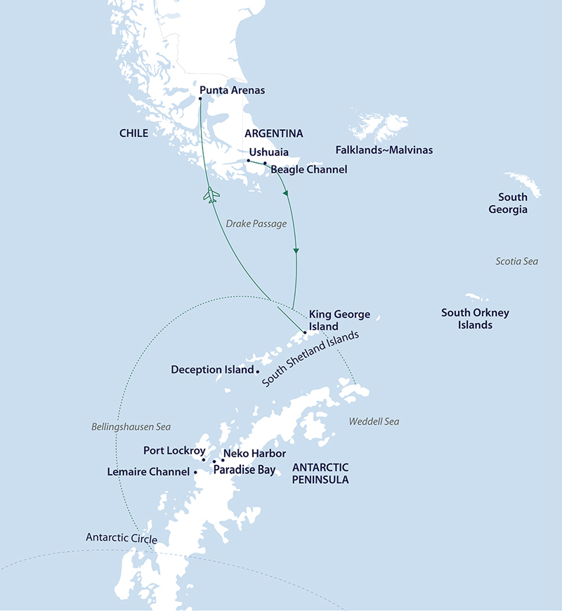 Route map of Across the Antarctic Circle cruise, from Ushuaia, Argentina to Punta Arenas, Chile with visits along western Antarctica.