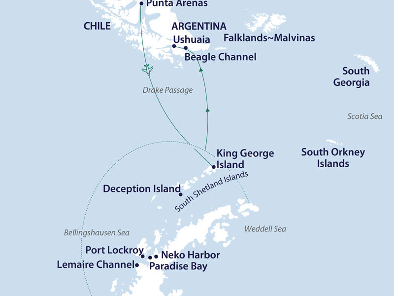 Route map of Across the Antarctic Circle cruise, from Punta Arenas, Chile to Ushuaia, Argentina with visits along western Antarctica.