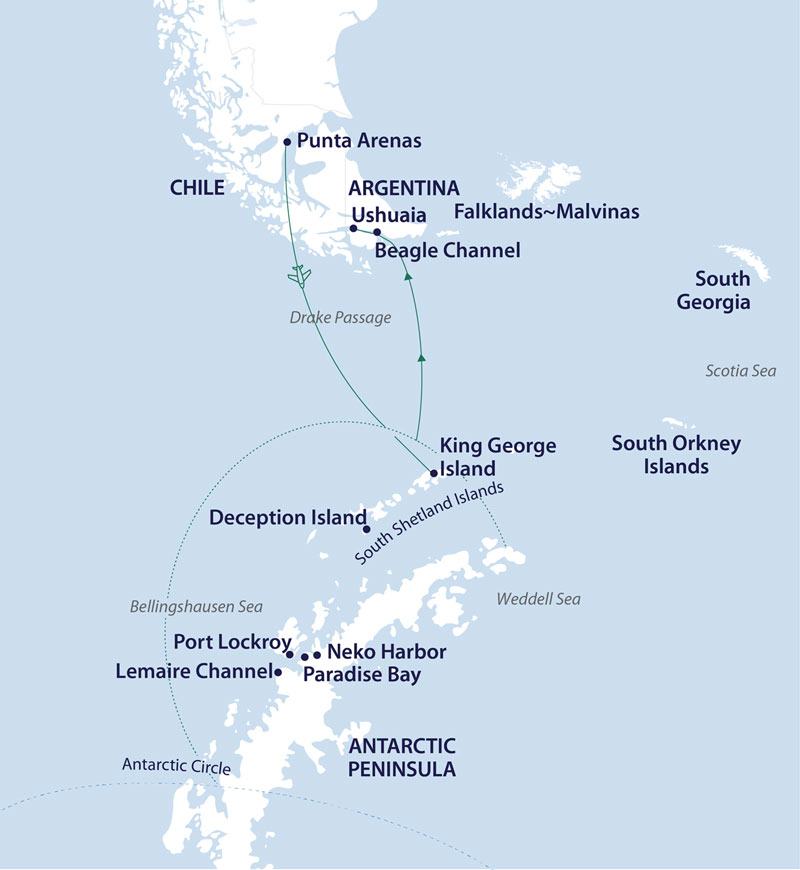 Route map of Across the Antarctic Circle cruise, from Punta Arenas, Chile to Ushuaia, Argentina with visits along western Antarctica.
