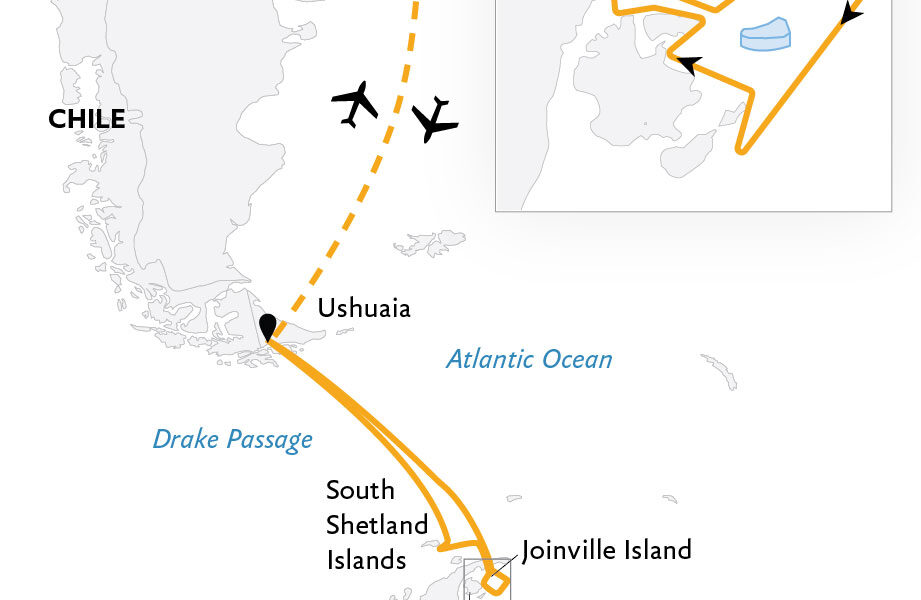 Route map of Antarctic Peninsula: Rare Exploration of the Weddell Sea cruise, round-trip from Ushuaia, Argentina with visits along the South Shetland Islands and Antarctic Sound.
