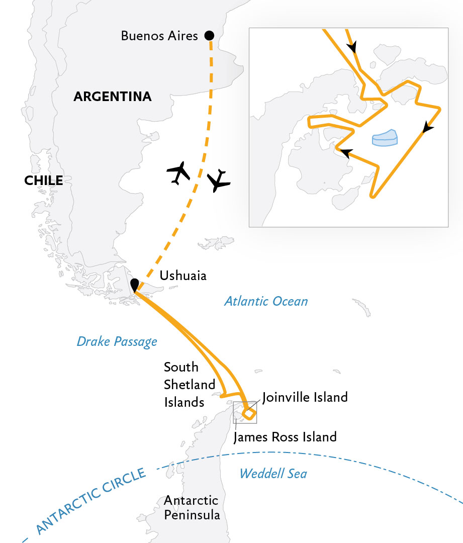 Route map of Antarctic Peninsula: Rare Exploration of the Weddell Sea cruise, round-trip from Ushuaia, Argentina with visits along the South Shetland Islands and Antarctic Sound.