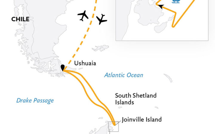 Route map of Antarctica by Helicopter cruise round-trip from Ushuaia, Argentina with visits in the Weddell Sea, bookended by charter flights connecting Buenos Aires.