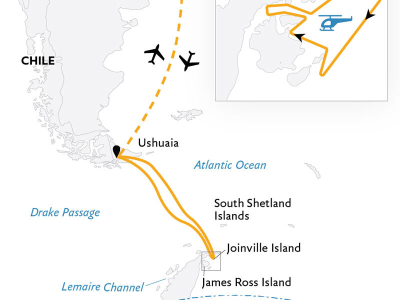 Route map of Antarctica by Helicopter cruise round-trip from Ushuaia, Argentina with visits in the Weddell Sea, bookended by charter flights connecting Buenos Aires.