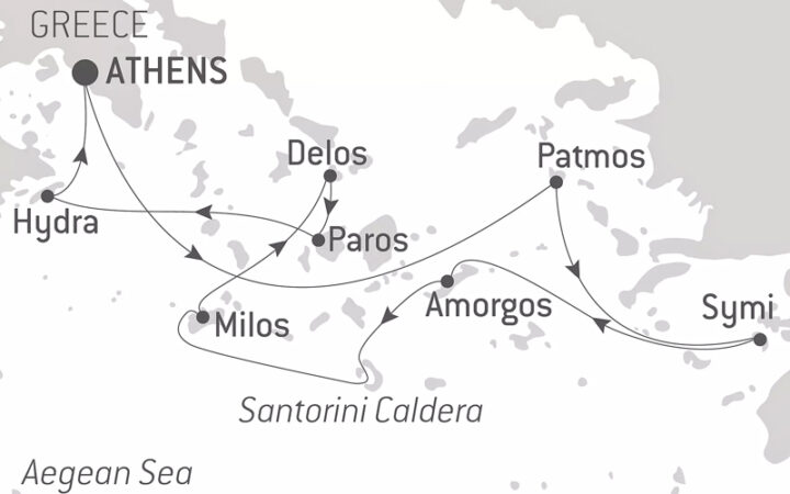 Route map of At The Heart of The Greek Islands Cruise, operating round-trip from Athens with visits to Hydra, Paros, Delos, Milos, Amorgos, Patmos & Symi.