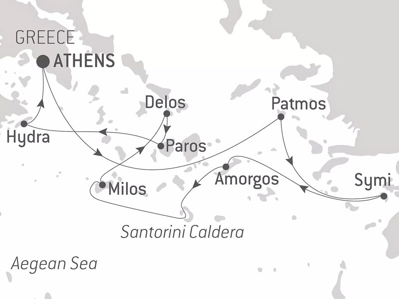 Route map of At The Heart of The Greek Islands Cruise, operating round-trip from Athens with visits to Hydra, Paros, Delos, Milos, Amorgos, Patmos & Symi.
