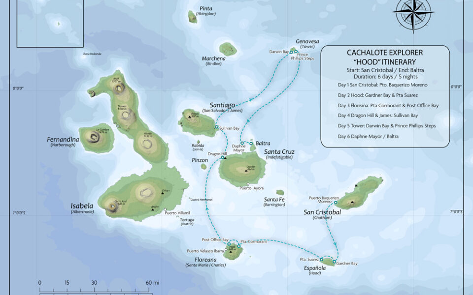 Route map of 6-day Hood itinerary on Cachalote Explorer with visits to Espanola, Floreana, Santa Cruz, Santiago & Genovesa.
