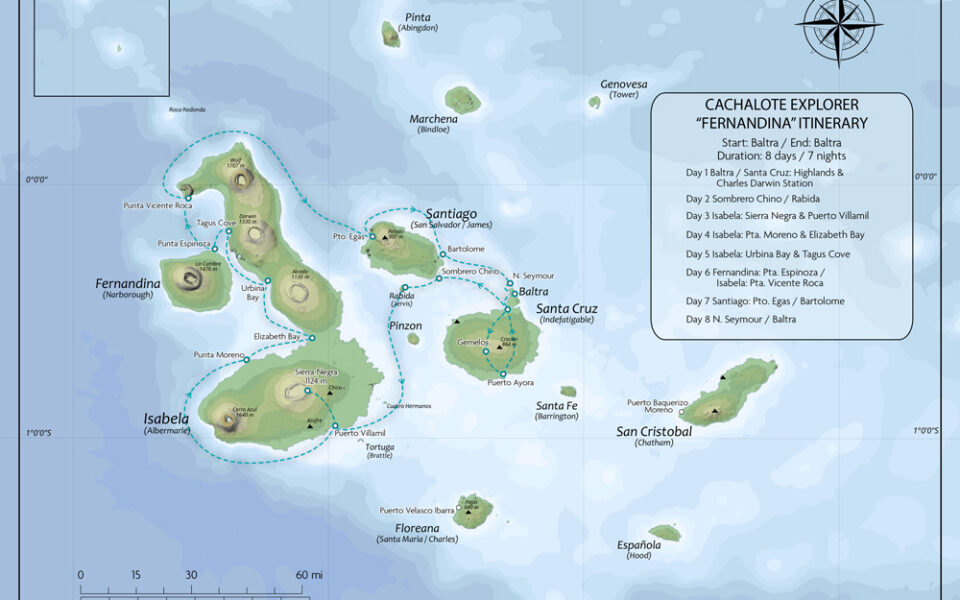 Map of Cachalote Explorer Galapagos Cruise West (Fernandina Itinerary), operating round-trip from Baltra with visits to Santa Cruz, Sombrero Chino, Rabida, Isabela, Fernandina, Santiago, Bartolome and North Seymour.