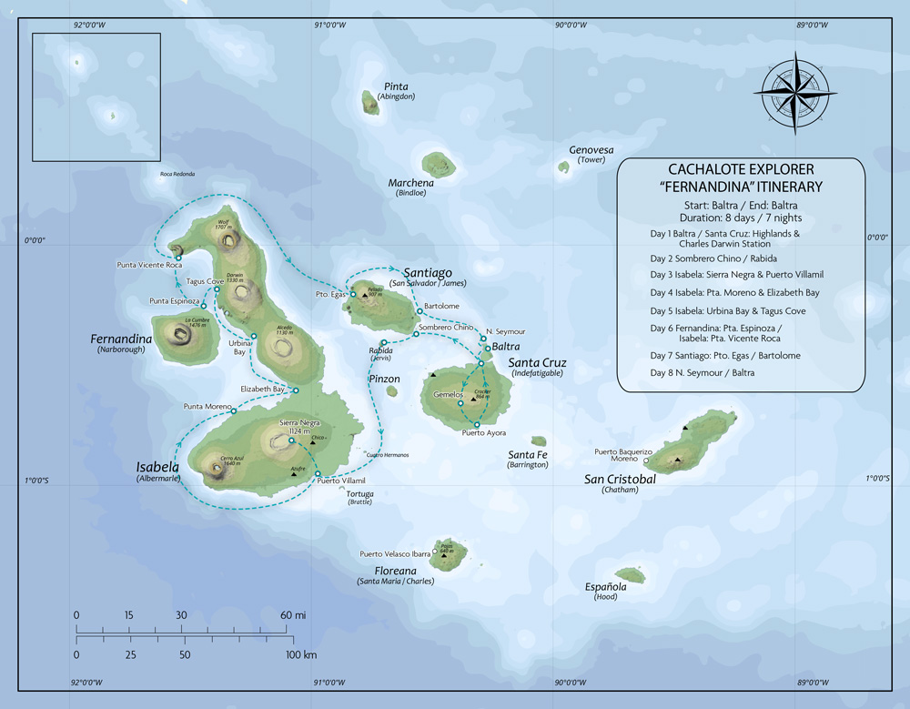 Map of Cachalote Explorer Galapagos Cruise West (Fernandina Itinerary), operating round-trip from Baltra with visits to Santa Cruz, Sombrero Chino, Rabida, Isabela, Fernandina, Santiago, Bartolome and North Seymour.