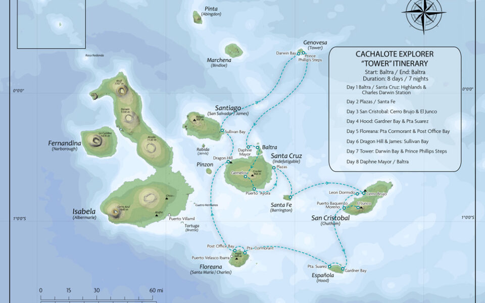 Map of Cachalote Explorer Galapagos Cruise East (Tower Itinerary), operating round-trip from Baltra with visits to Santa Cruz, South Plaza, Santa Fe, San Cristobal, Espanola, Floreana, Santiago and Genovesa.