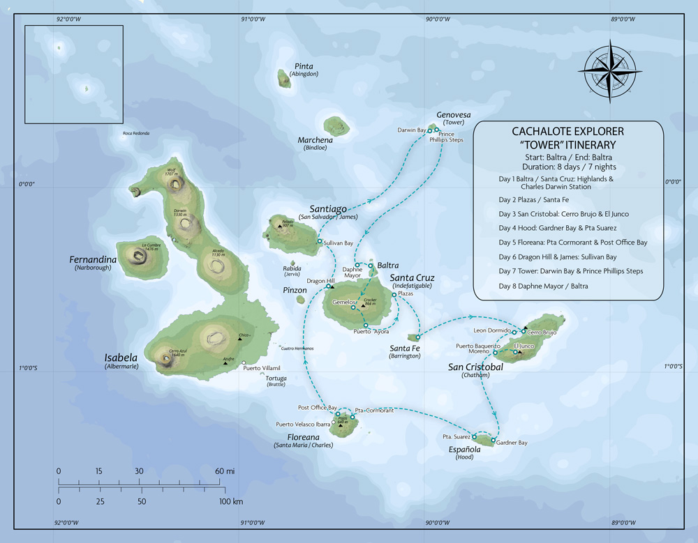 Map of Cachalote Explorer Galapagos Cruise East (Tower Itinerary), operating round-trip from Baltra with visits to Santa Cruz, South Plaza, Santa Fe, San Cristobal, Espanola, Floreana, Santiago and Genovesa.