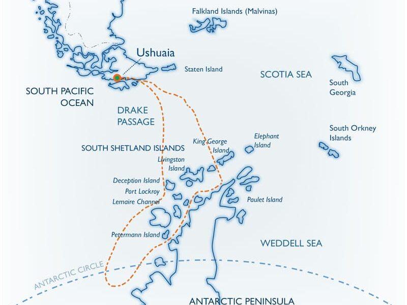 Route map of Polar Circle Quest Antarctica small ship expedition cruise, operating round-trip from Ushuaia, Argentina, with visits to the South Shetland Islands and the Antarctic Peninsula.
